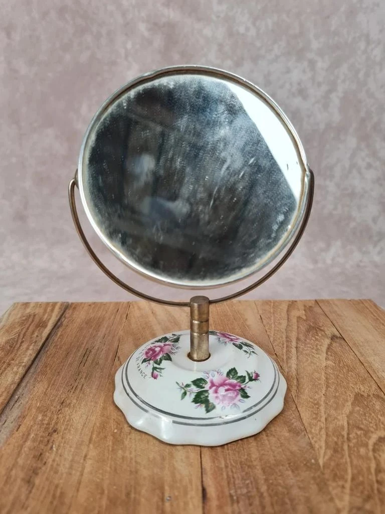 Petit miroir de table vintage 🌸 Bergère de France – Porcelaine & laiton